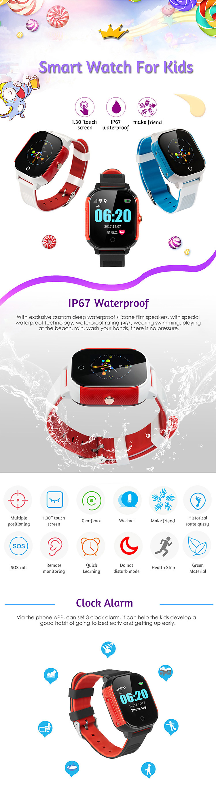450mAh Smart SOS Panic Button Kids Gps Tracker Watch 1.30" Display