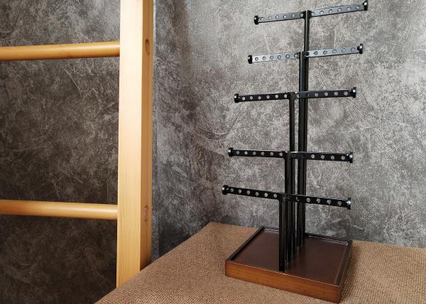 5 Rods Earring Metal Table Top Display Stands With Wooden Base For Grocery