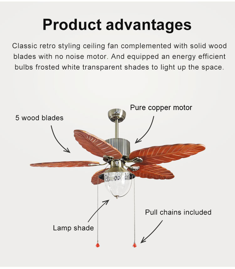 52 Inch Nature Wood Ceiling Fan with Pull Chain Switch and Tropical/America Rustic Style