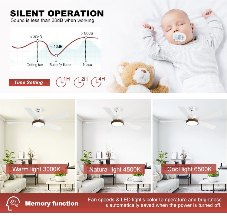 52" Simple Design 3 Color Dimmable Ceiling Fan Light Metal Material and 10 for Motor