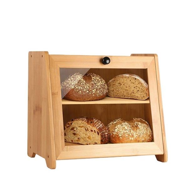 GLOSSY 2 Tier Large Transparent Window Food Storage Bamboo Bread Box Capacity 6