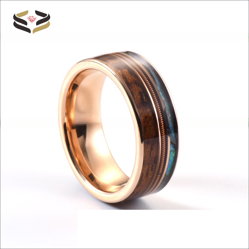 8mm Men Women Wedding Engagement Band with Rose Gold Guitar String Koa Wood and Abalone Shell Inlay Religious Type Other