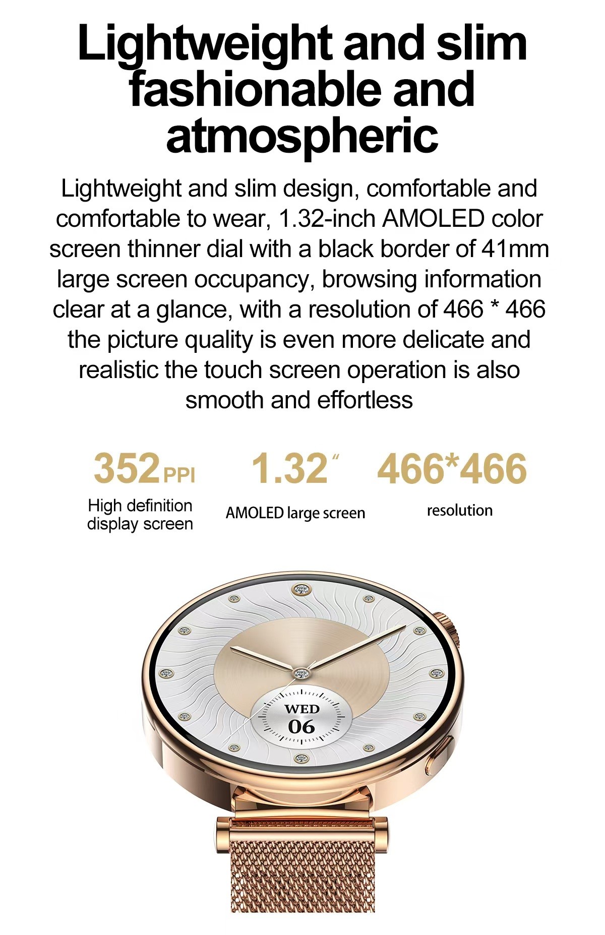 HK41 Women's Sport Smart watch 1.32inch AMOLED BT Connectivity Fitness Bracelet