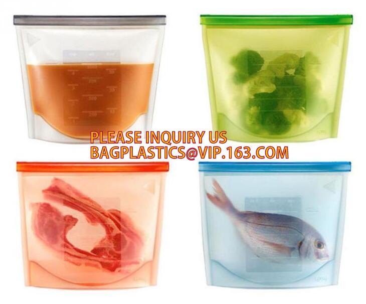 Storage preservation reusable silicone food bag,FDA reusable silicone storage food bag with Zip lockk in microwave bagease