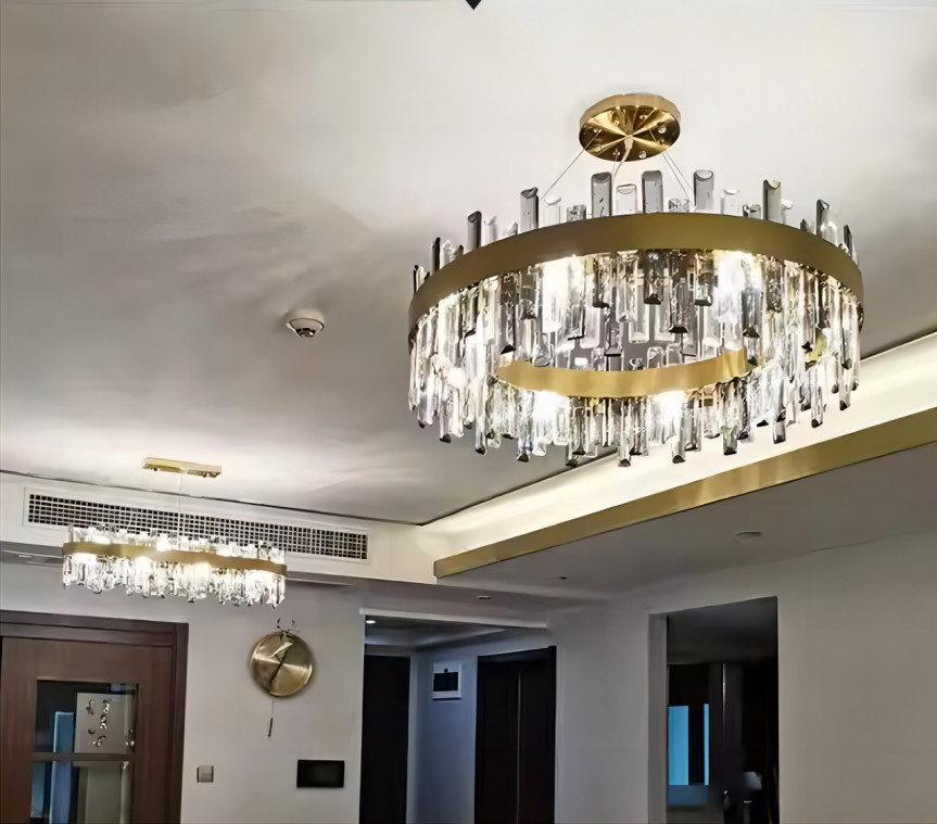 Round Shape Chandelier Crystal Ceiling Light Fixture With Metal Ceiling Plate