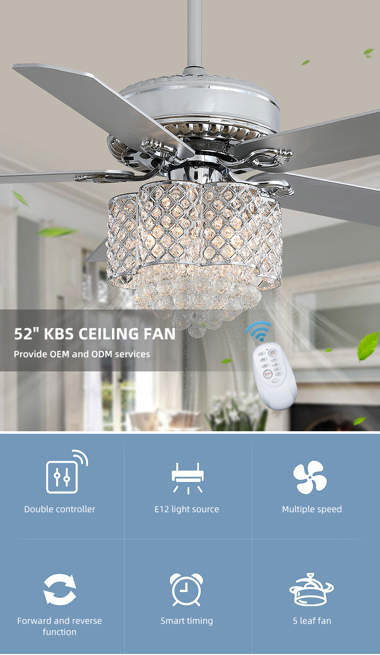 Decorative 2000 lumen Home Metal Blade Ceiling Fan Chandelier 90lm/w