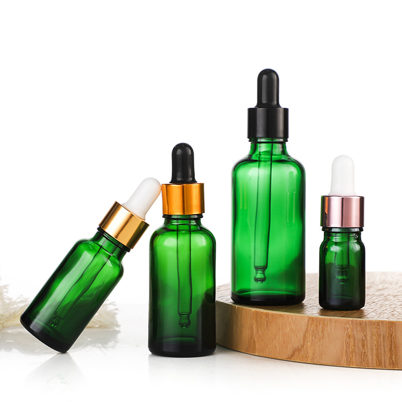 Eco Friendly Cosmetic Packaging 15ml30ml 50ml 1 oz 1.5oz Green Serum Essential Oil Bottomed Glass Dropper Bottle with Golden Cap