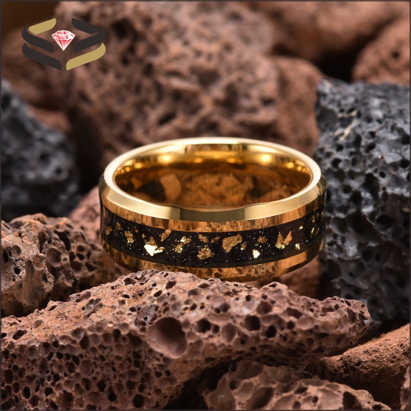 Round Gold Tungsten Wedding Bands 8mm With Gold Leaf Inlay And Beveled Edges