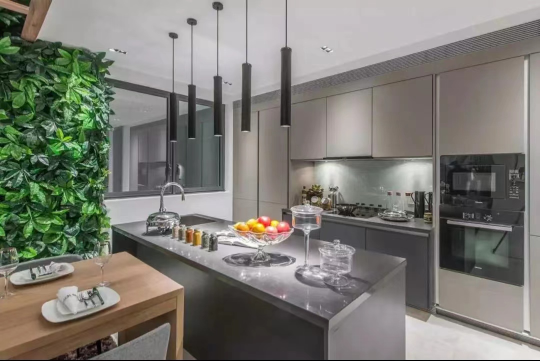 Modern Indoor Kitchen Cabinet Set with Gray Island Shape and MDF Doors at Affordable
