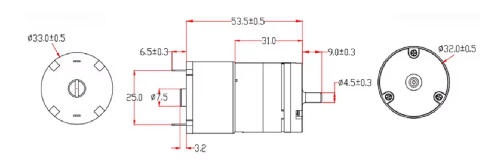 RK-520 12V 24V  Dual Shaft  DC Electric Motors With Pump Dimension