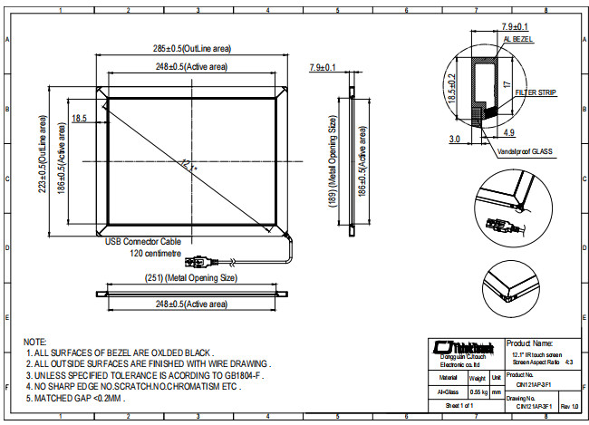 12.1 Inch ODM IR Multi Touch Screen , Vandalproof Infrared Touch Panel