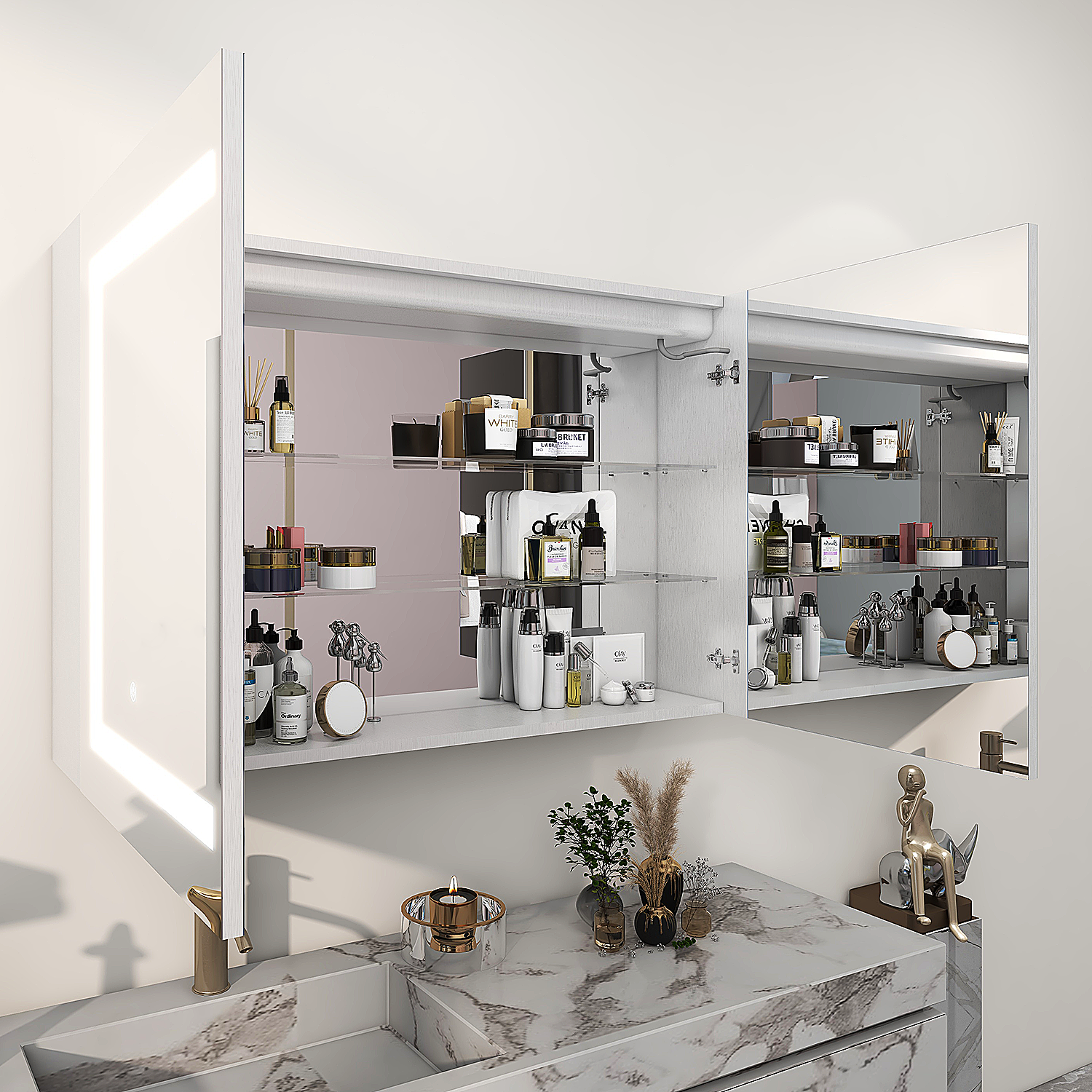 Bathroom Storage Lighted Mirror TV Decoration Double Door Medicine Cabinet