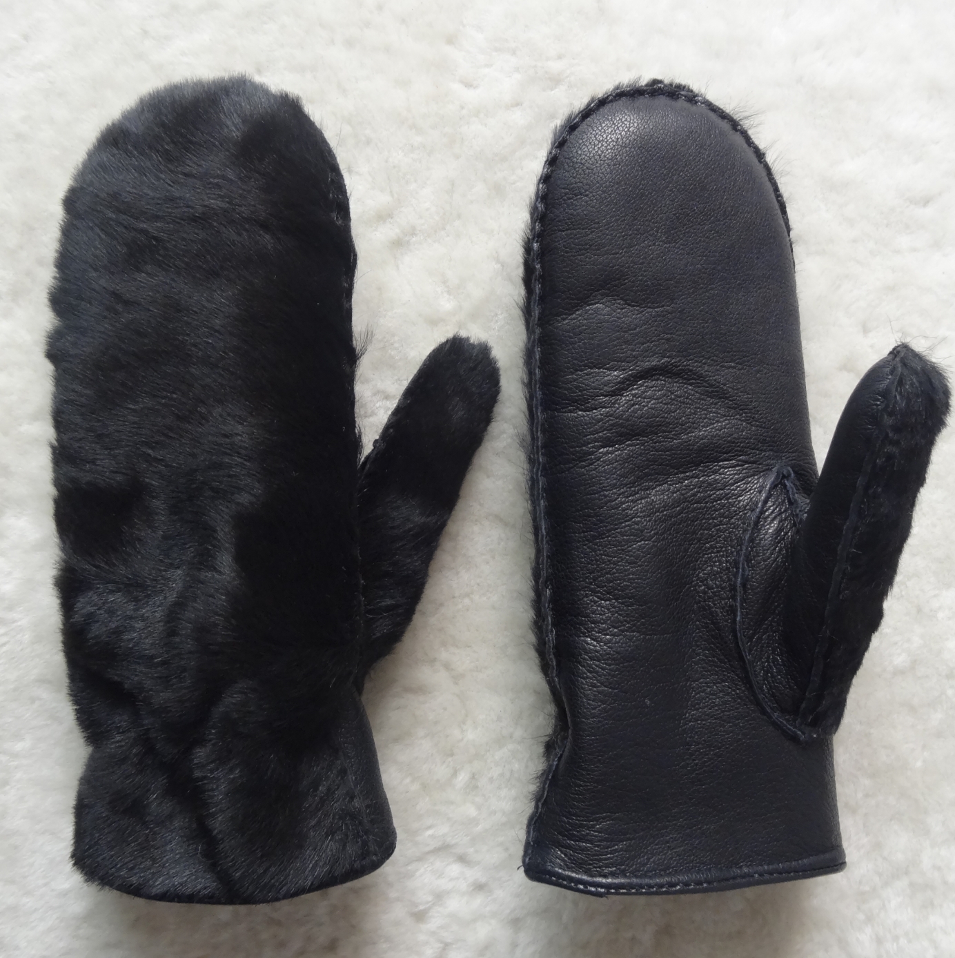 Sheep Skin Double Face Leather Mitten Gloves Black Color Grace Appearances