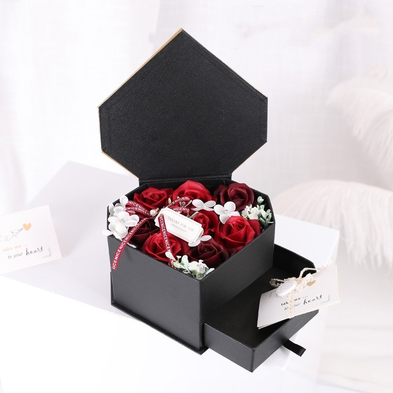 Custom 20x12 Flower Bouquet Box Black Diamond Shaped Jewelry Chocolate Gift With Drawer
