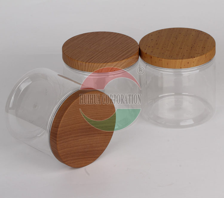 Wooden Lid Silk Screen Clear Pet Jars for Beans , PET Plastic Jars