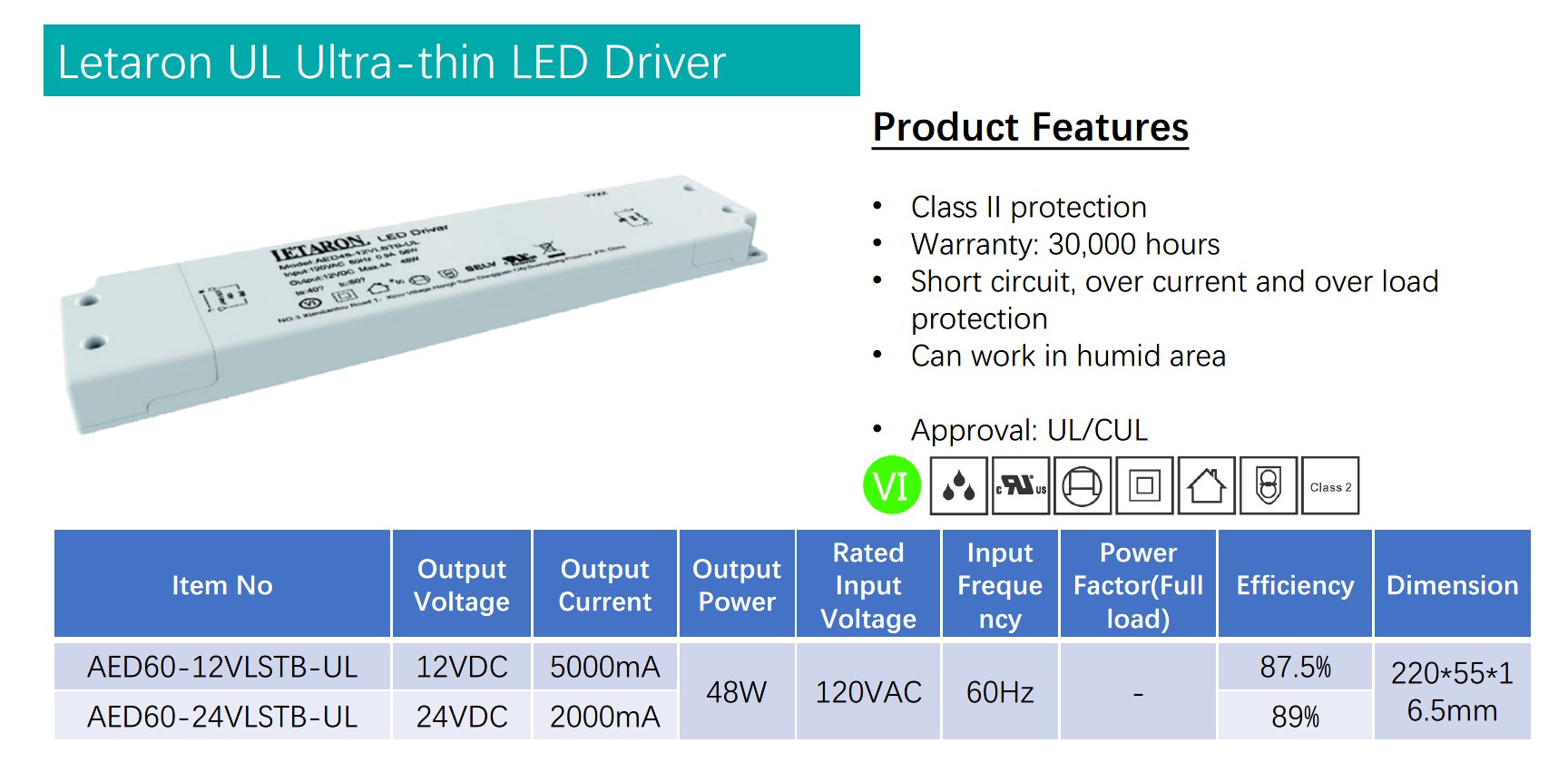Letaron Led Driver 60w 12v , Class 2 Led Power Supply With UL Approval