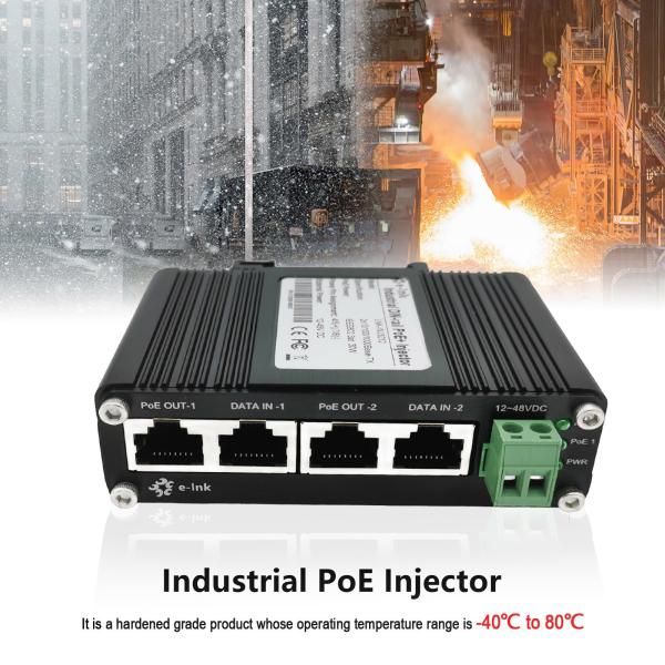 12~48VDC Power Input Industrial 2-Port Gigabit PoE+ Injector