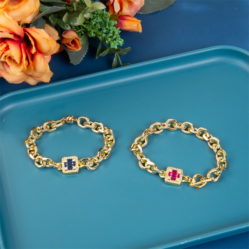 Deep Blue Shining Diamond Cross Charm Gold Chain Link Bracelet For Fashion Lady