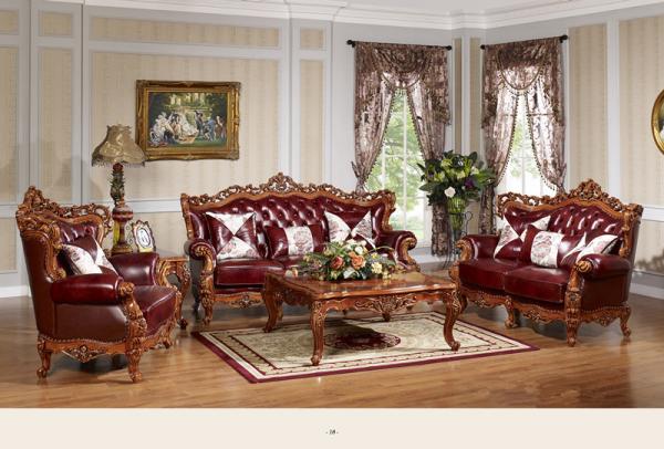 Luxury classic antique European style living room furniture solid wood leather