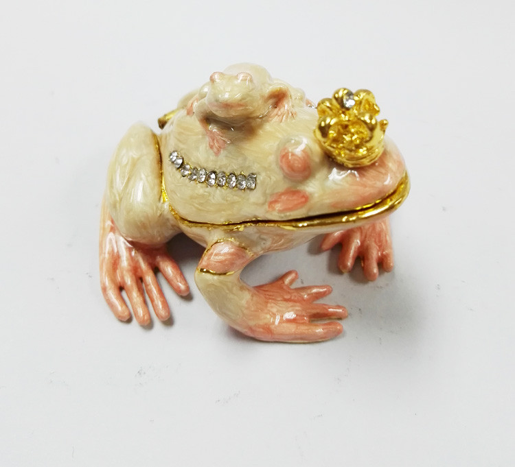 Bejewelled Promotional Gift Alloy Hand painted frog and crab playing on lotus meta frog trinket boxes