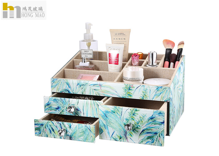 Square Desk Organiser Box / Glass Makeup Storage Box Tropical Rainforest Pattern