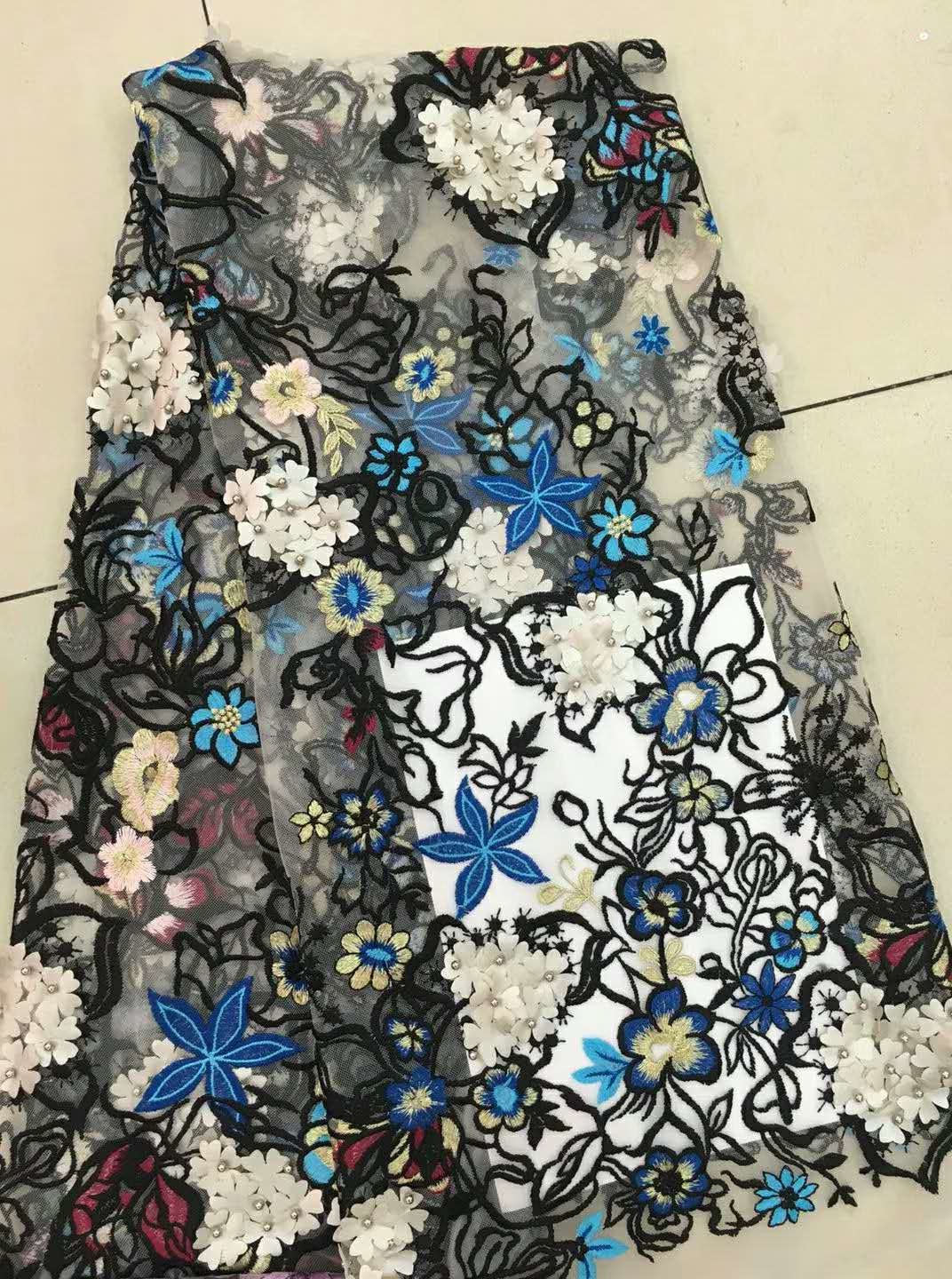 Multi Color Embroidered 3D Flower Lace Fabric / Fabric , Bead Lace Tulle For Dress