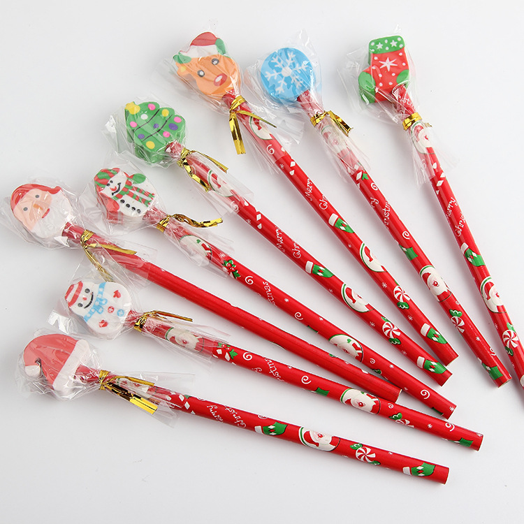 Children School Supplies Christmas Cartoon Eraser Pencil Set with Red Wood Pencils