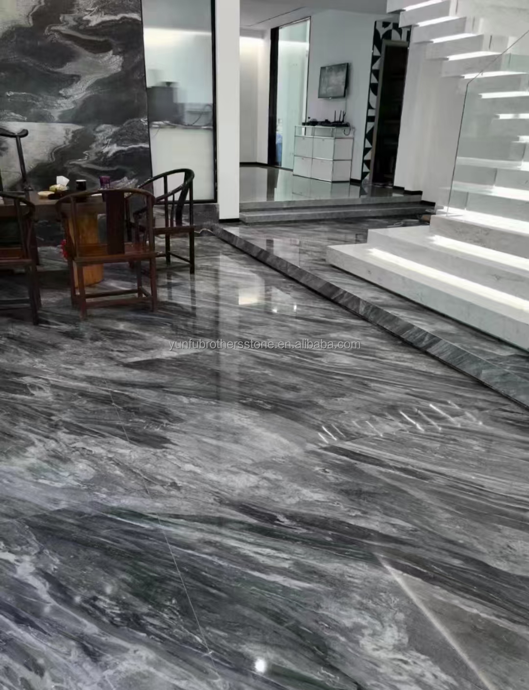 Hotel Interior Design Calcite Marble Step Floor and Stairs with Light in Florence Gray