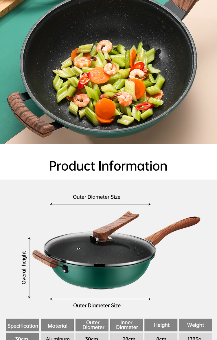 30 / 32 / 34Cm Kitchen Cookware Aluminum Non Stick Wok Pan With Lid