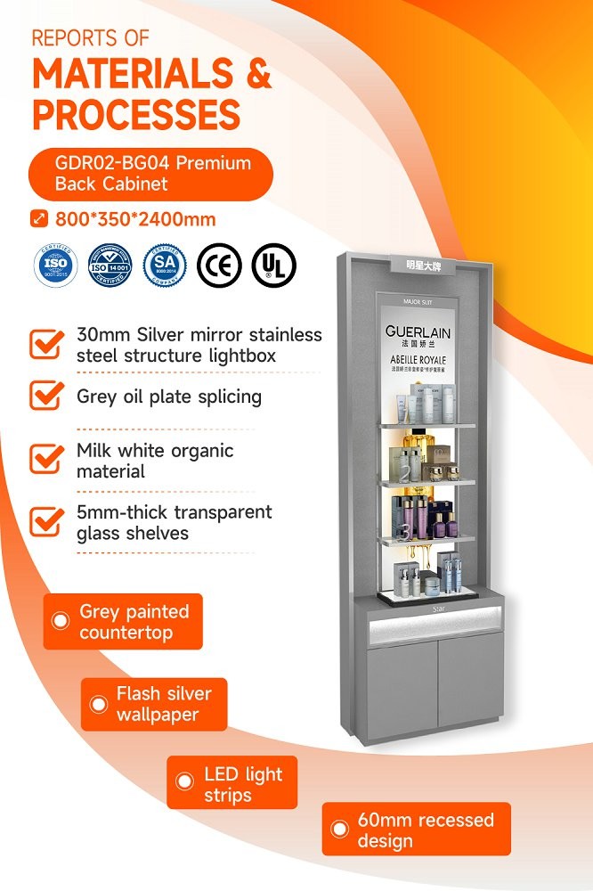 GDR02-BG04 Premium Skincare Display Cabinet with LED Strip Lights and Silver Mirror for Fashion Boutiques