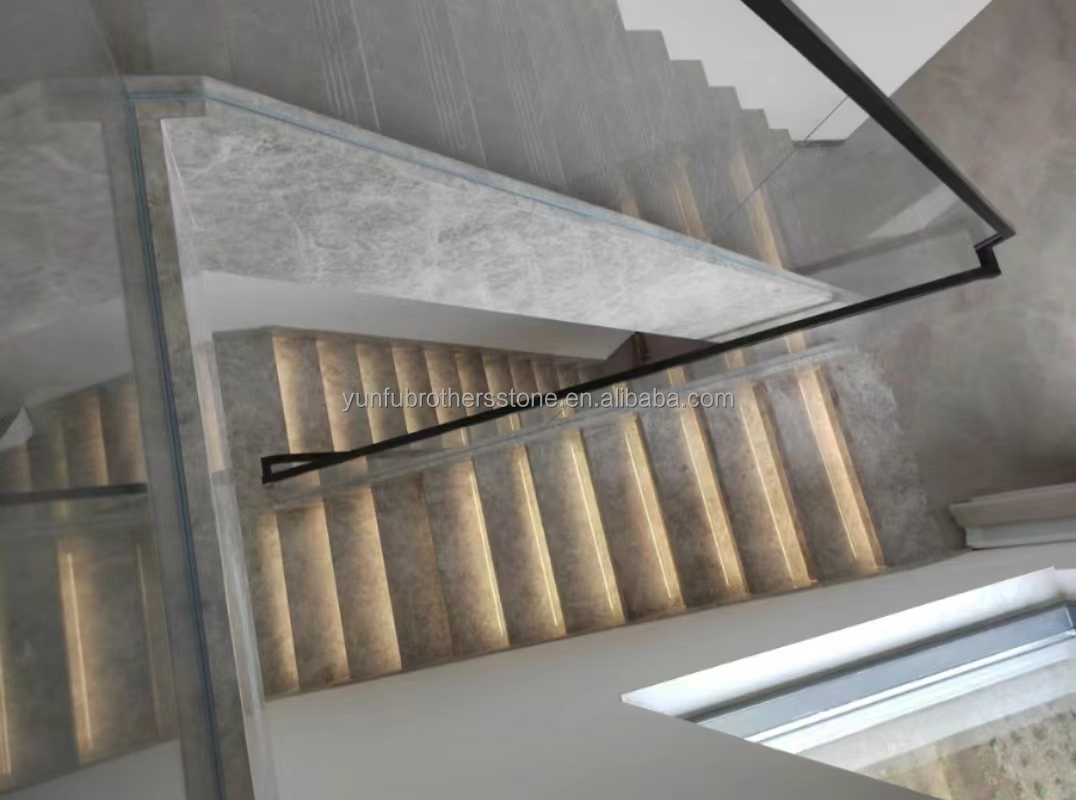Natural Stone Straight Stair Modern Indoor Grey Marble Anti Slip Staircase Tiles
