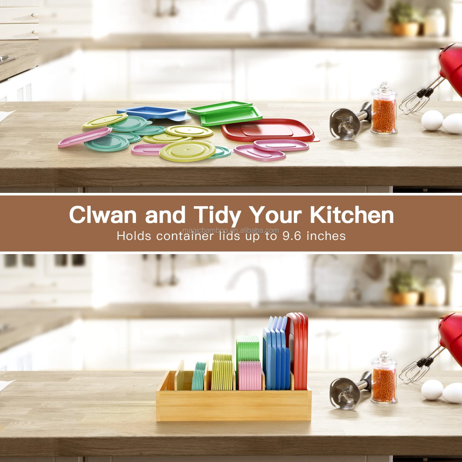 Bamboo Food Container Lid Organizer with Adjustable Dividers 30.49 x 25.41 x 6.36 CM