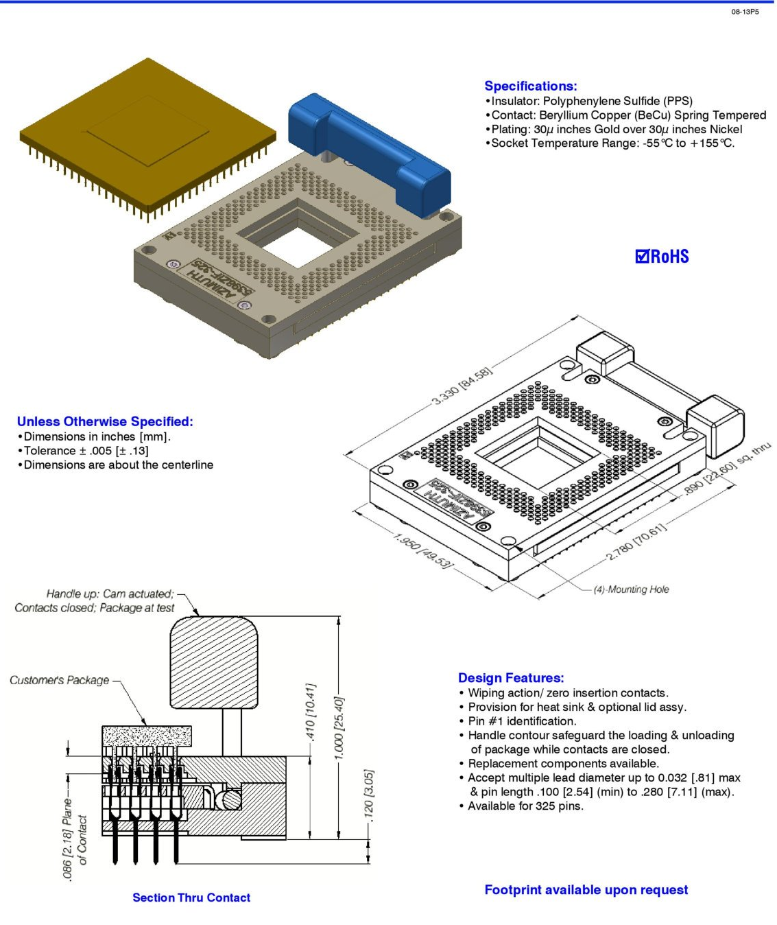 5398ZIF-325 1.95in 49.53mm Azimuth Carrier Test Socket Electrical Contactor