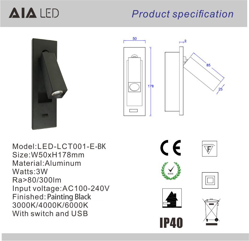 Hotel flat 2.1A 5V USB reading light flexible bedside wall lamp hotel bed headboard study bed wall light bedroom