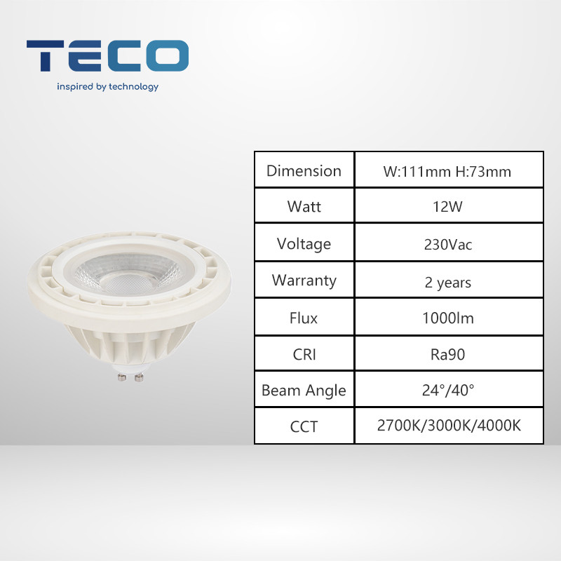 Teco AR111 ES111 Bulbs Spotlight with Gu10 Base 4000K Nature White 24Degree 25000hrs