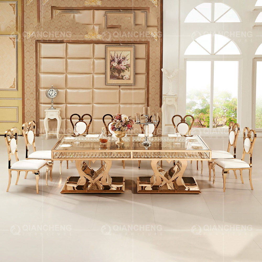 Rose Golden 244x122x75cm Glass Metal Dining Table With Crystal Pendant