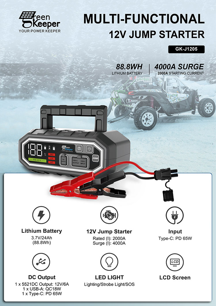 24000mAh 12V Portable Jump Starter For Car Green Keeper 2024 with LED Light Function