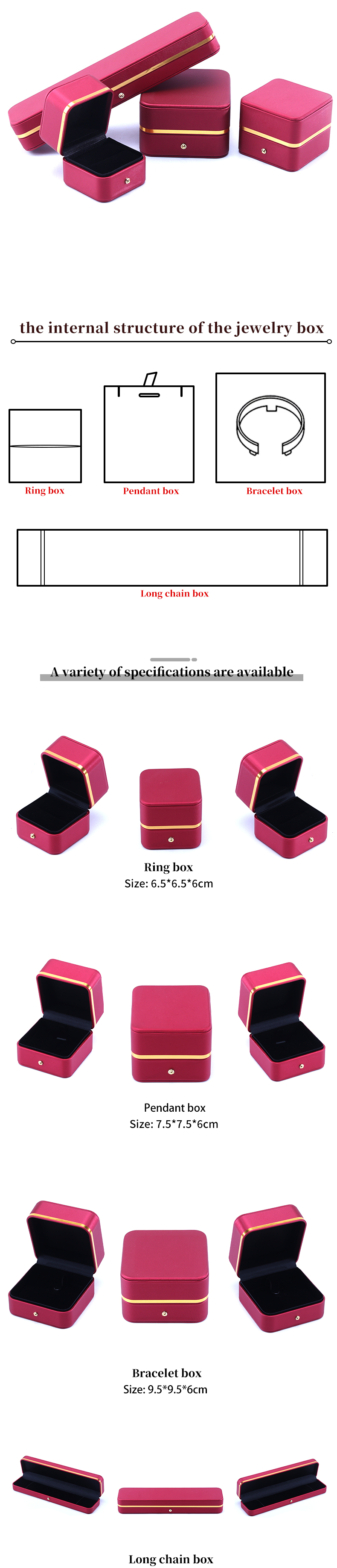 Red Grade Leather Jewelry Box for Newest Style Rectangle Bracelet Necklace Watch Gift
