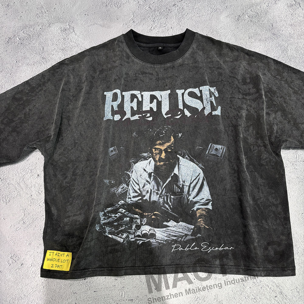 Vintage Acid Wash Boxy Cropped Printed T Shirt for Men's Custom Streetwear in Black Color