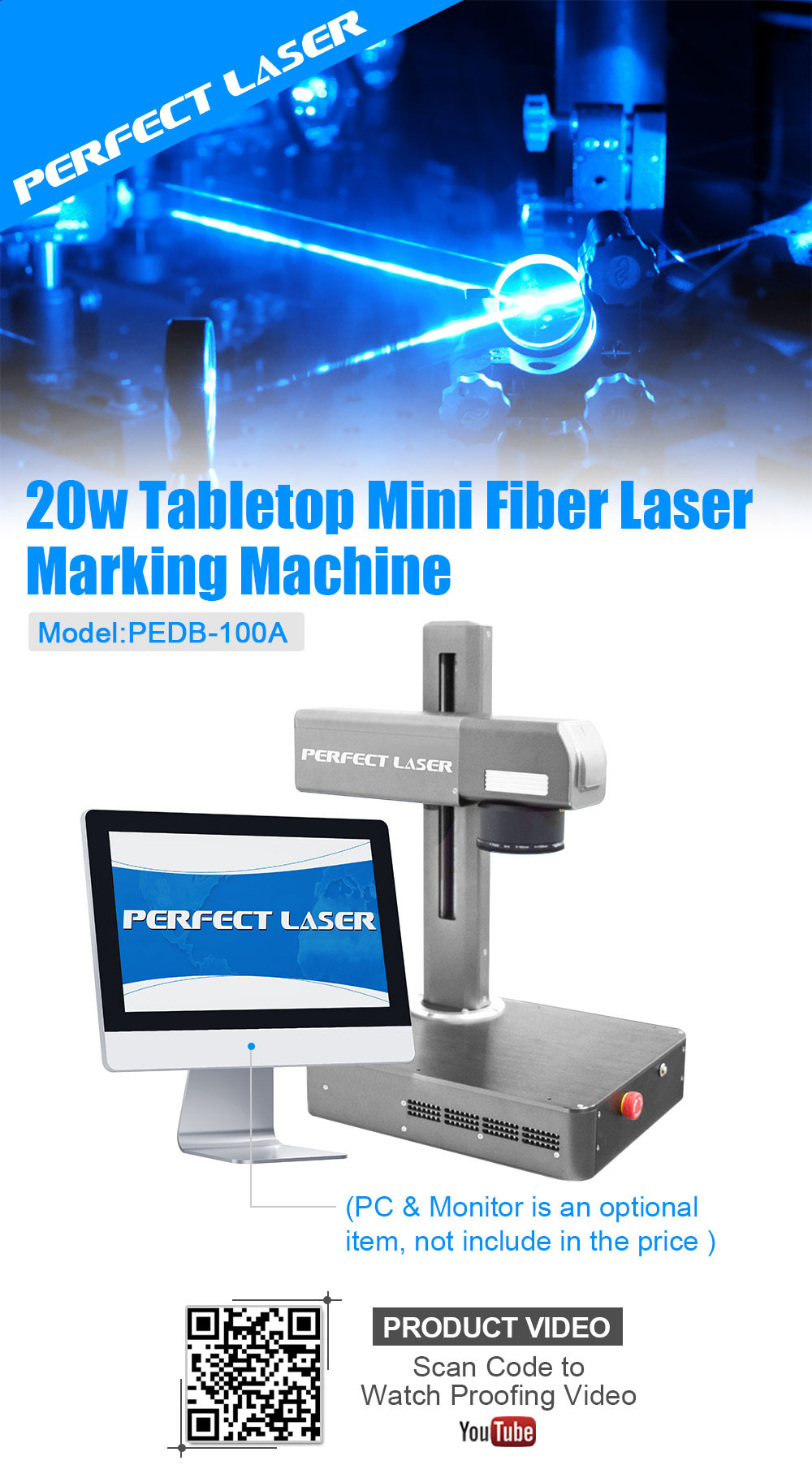 10W 20W Tabletop Mini Fiber Laser Marking Machine For Metal SS/ Iron/ Copper/ Aluminum
