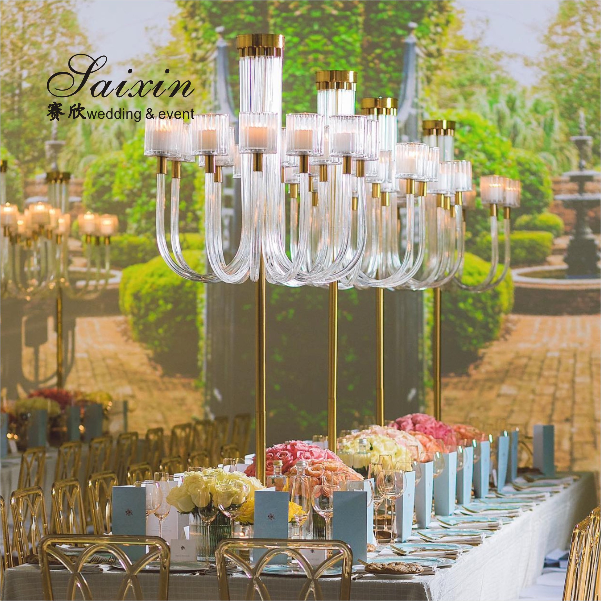 Saixin new design large gold metal stand 10 arms glass candelabra for wedding centerpieces