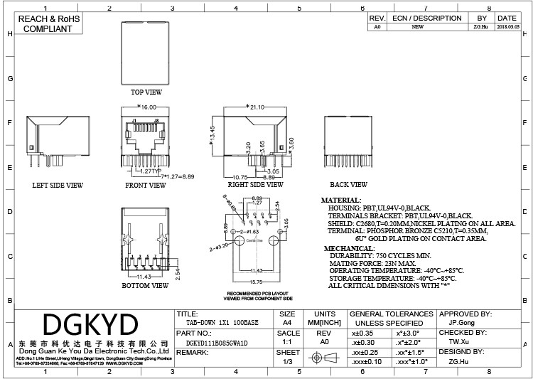 DGKYD111B085GWA1D Fast Ethernet Filter 8P8C Modular Network Interface RJ45 Without LED Without Shield DGKYD