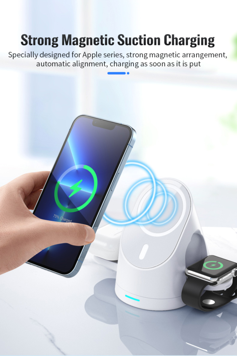 15W Portable QI Multifunctional 3 in 1 Magnetic Wireless Stand For iPhone 15 14 13 Pro