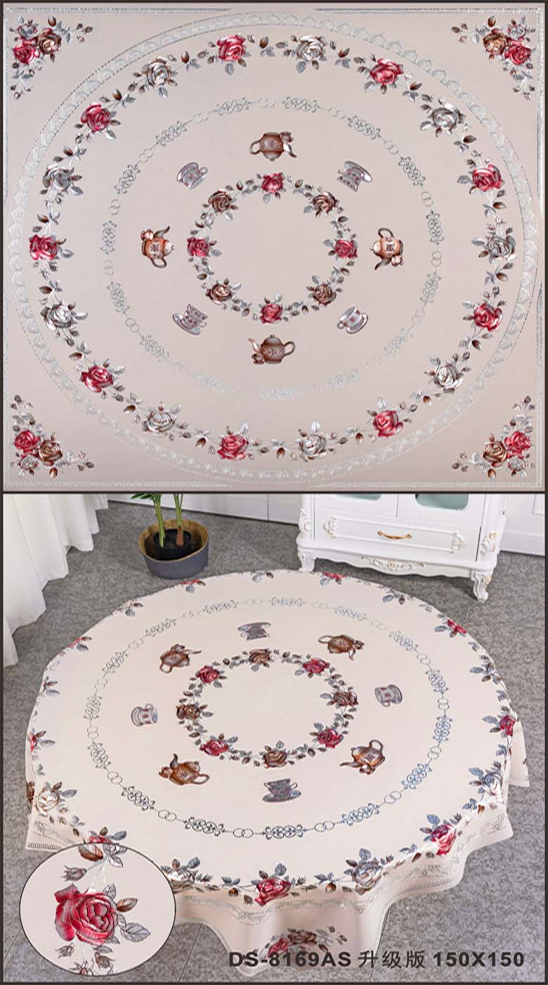 Customized PVC Round Plaid Tablecloth for 10 People White and Green Floral Pattern