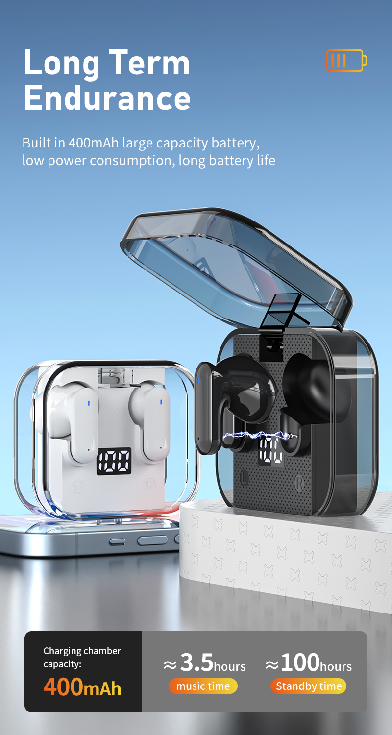 Wireless Music Gaming Headset with Digital Display and Transparent Case Low Latency 2024