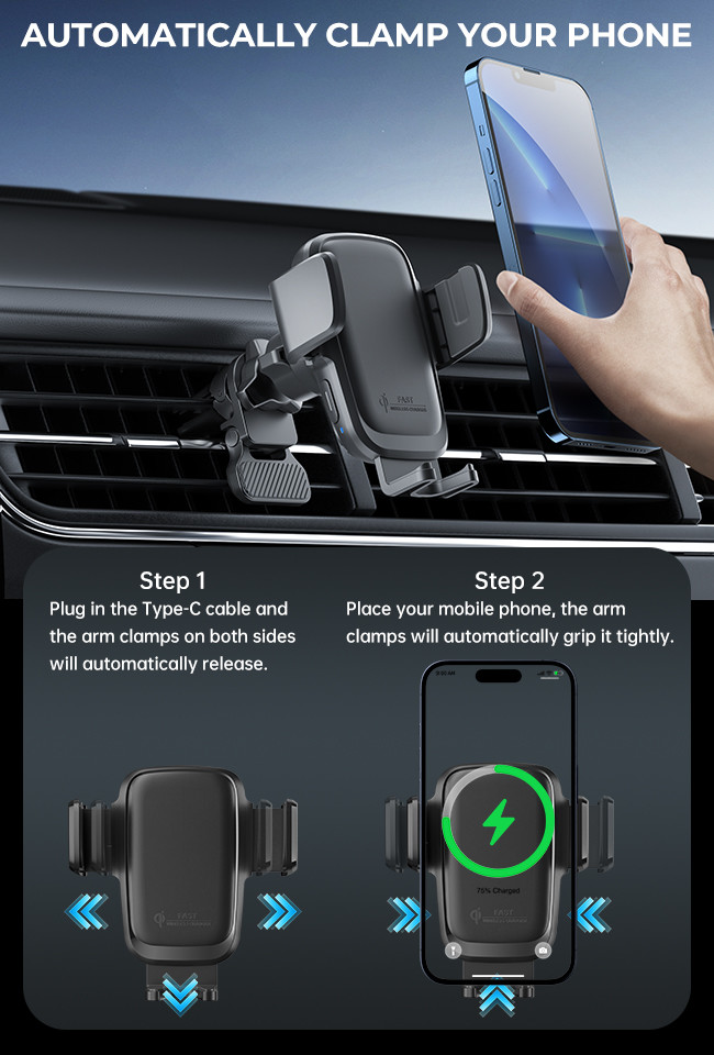 Three Axis Linkage Car Phone Holder Clamp Arm Fast Charging Cell Phone Car Mount