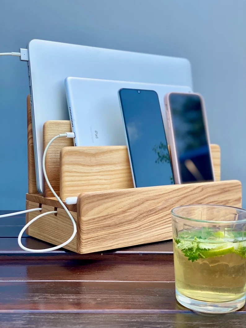 Desk Organizer Gift for men Personalized Wooden Tablet stand Multi Device Organizer for Smartphones Ultimate device storage