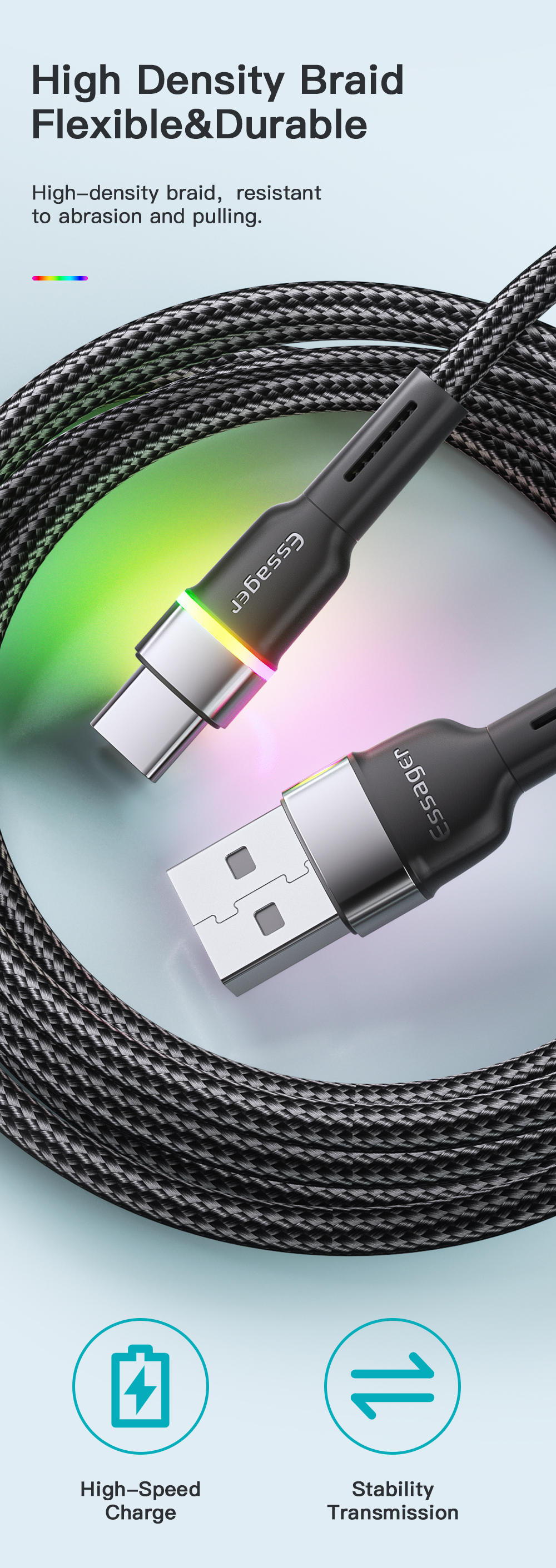 Color Indicator LED Light USB A To C Cable Fast Charging 3A USA Stock