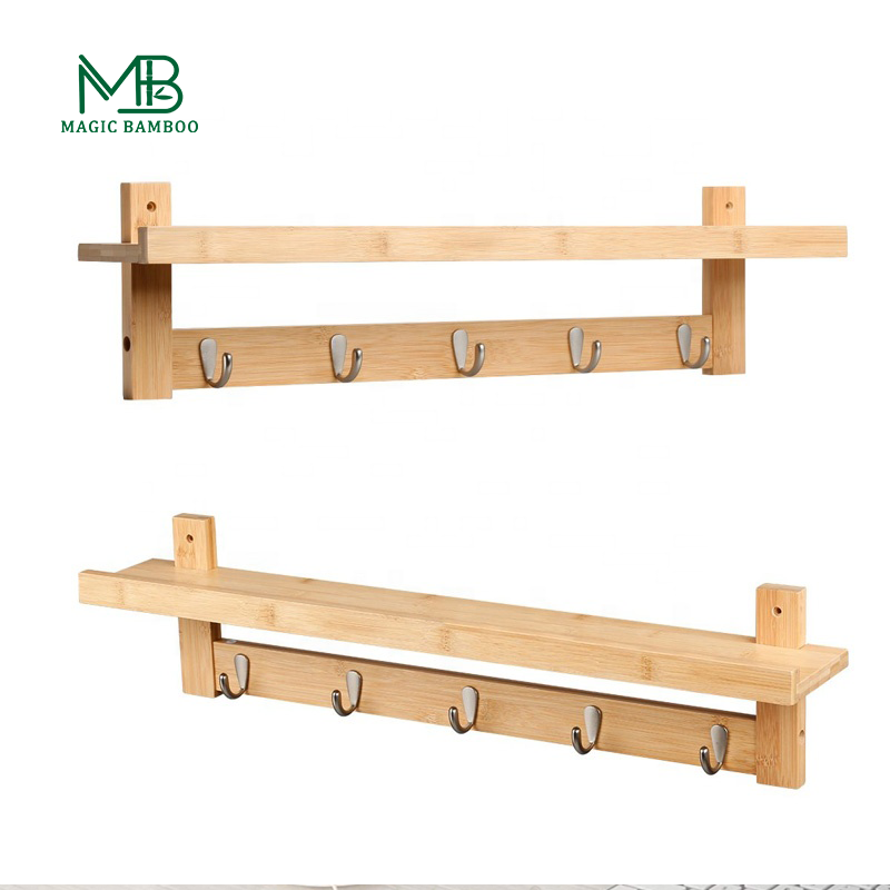 5 Hook Wall-Mounted Bamboo Coat Hook with Upper Storage Shelf Natural and Eco-Friendly
