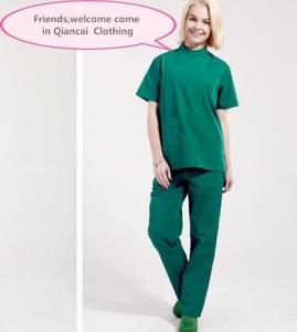  Stand Collar Scrubs Medical Uniforms , Short Sleeve Cotton Green Surgical Gown Manufactures